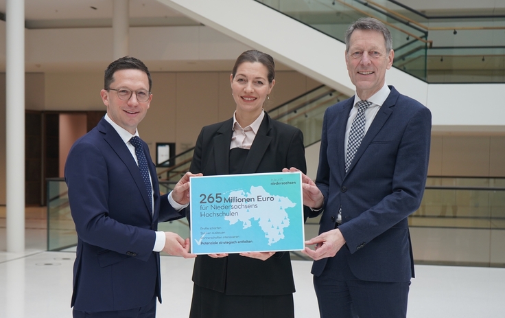 Falko Mohrs, Niedersachsens Wissenschaftsminister, Prof. Dr. Susanne Menzel-Riedl, Vorsitzende der Landeshochschulkonferenz Niedersachsen (LHK), und Dr. Georg Schütte, Generalsekretär der VolkswagenStiftung.